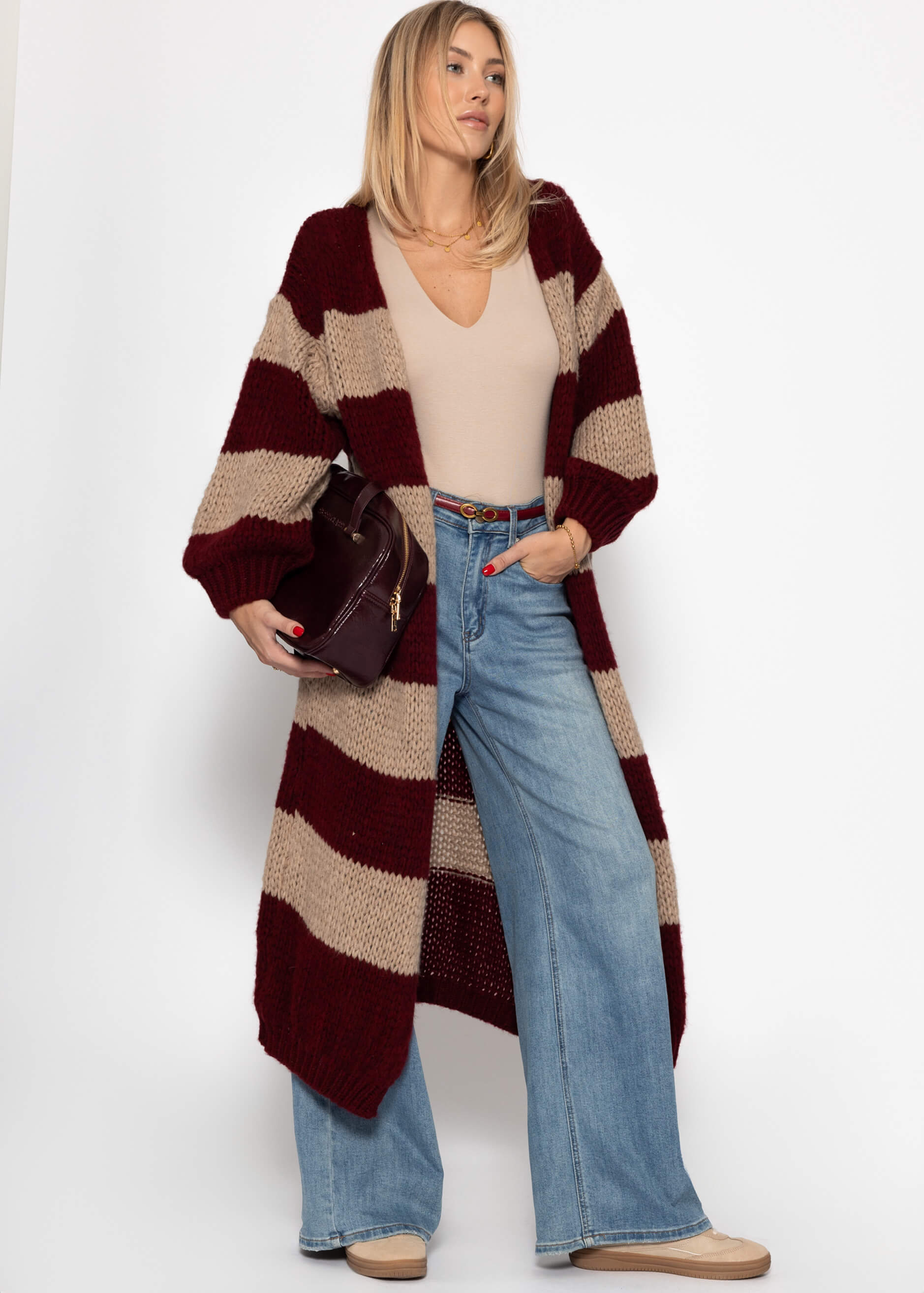 Extra langer Cardigan mit Blockstreifen - burgundy-taupe – Bekleidung > Cardigans | FormaLuxe