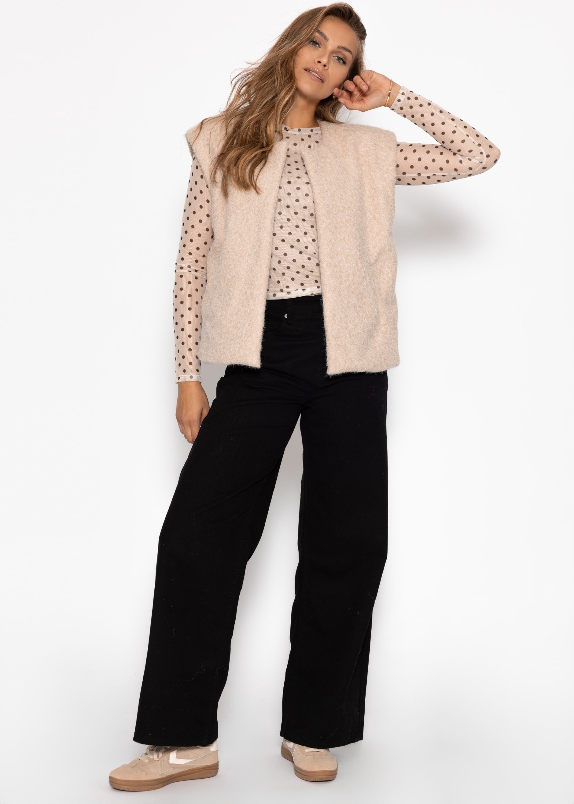 Mesh Langarmshirt mit Punkten - beige – Bekleidung > Langarmshirts | FormaLuxe