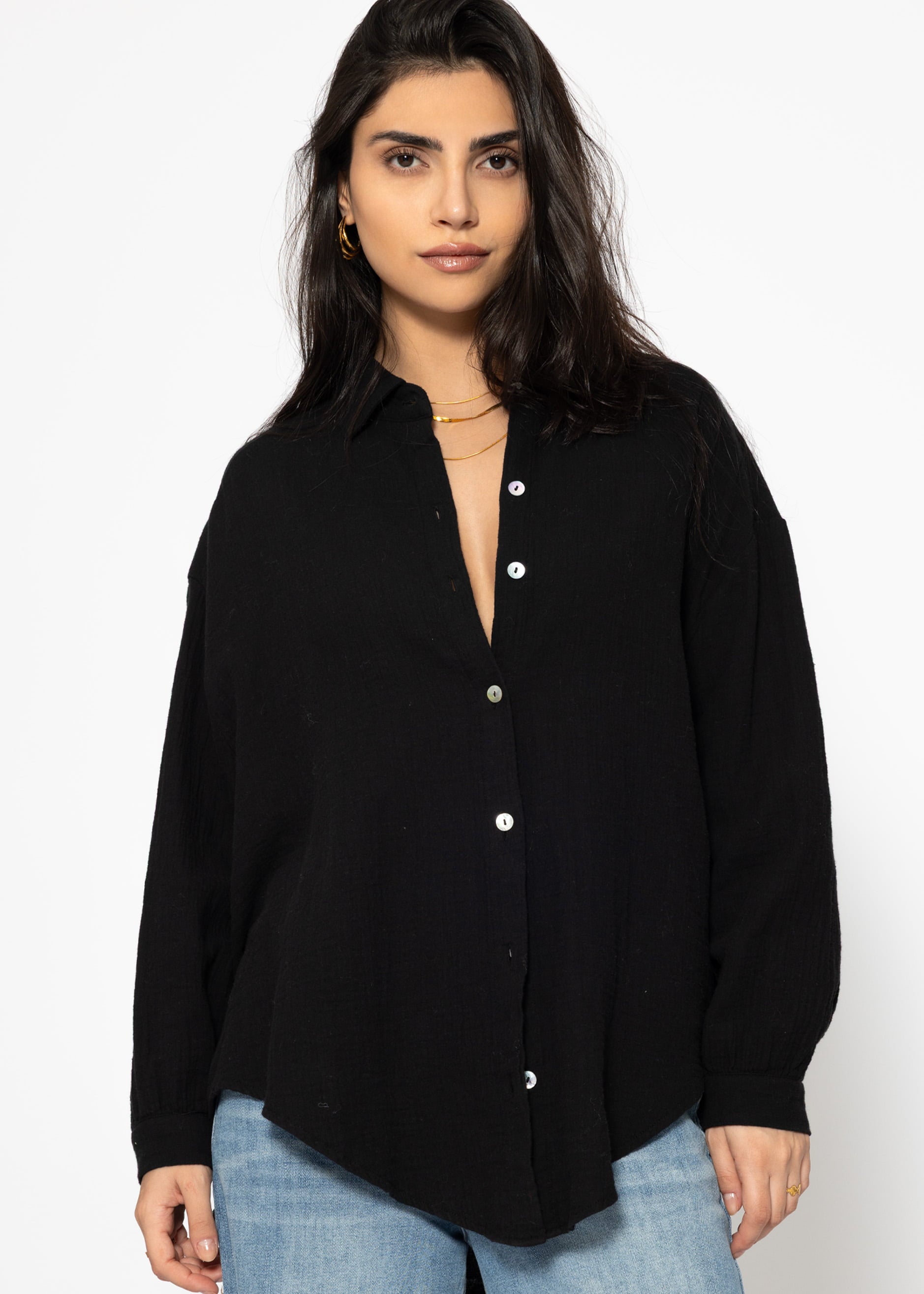 Musselin Bluse oversize, kurz, schwarz – Bekleidung > Blusen > Musselin > Oversize | FormaLuxe