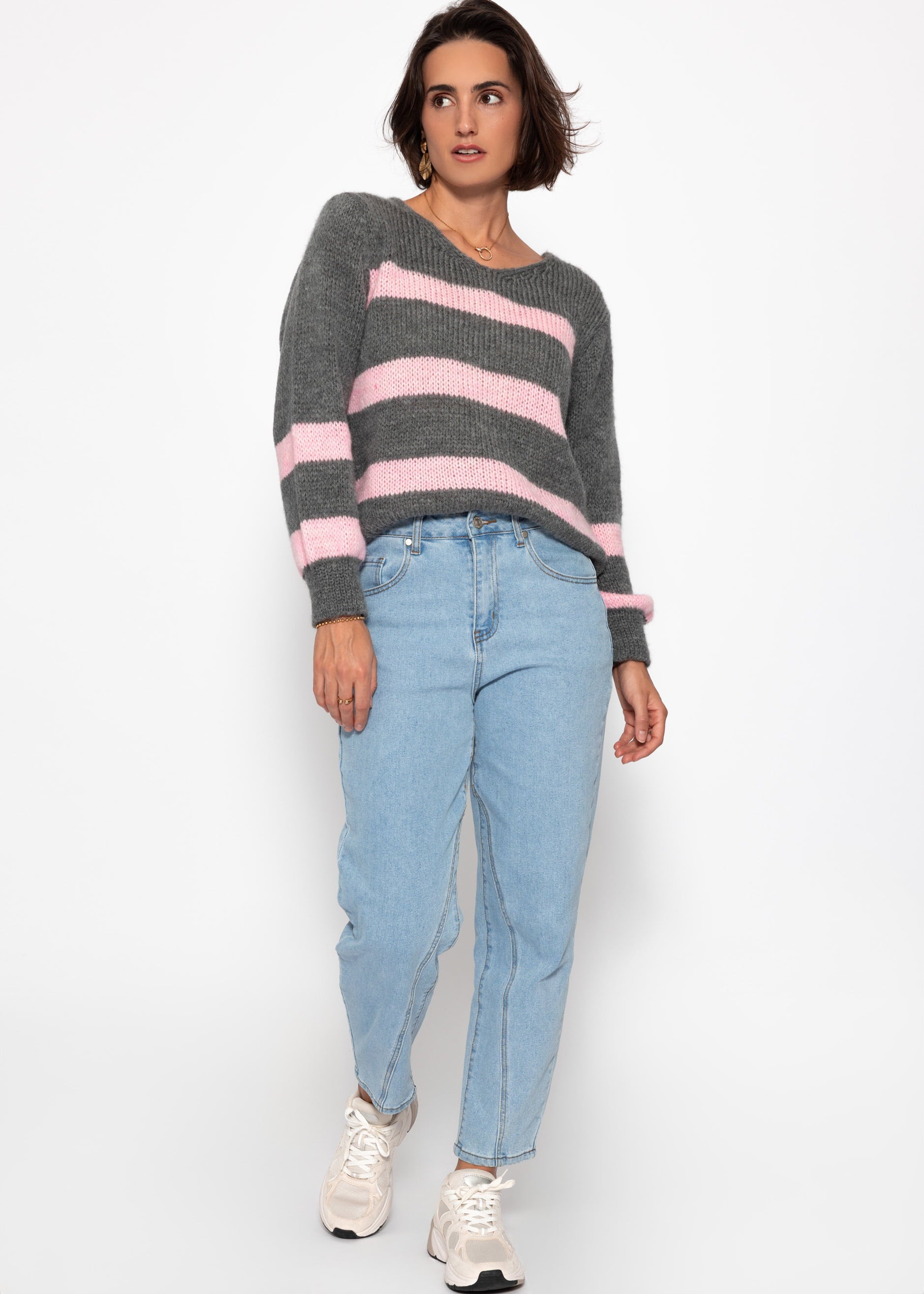 Pullover mit rosa Streifen - grau – Bekleidung > Pullover | FormaLuxe