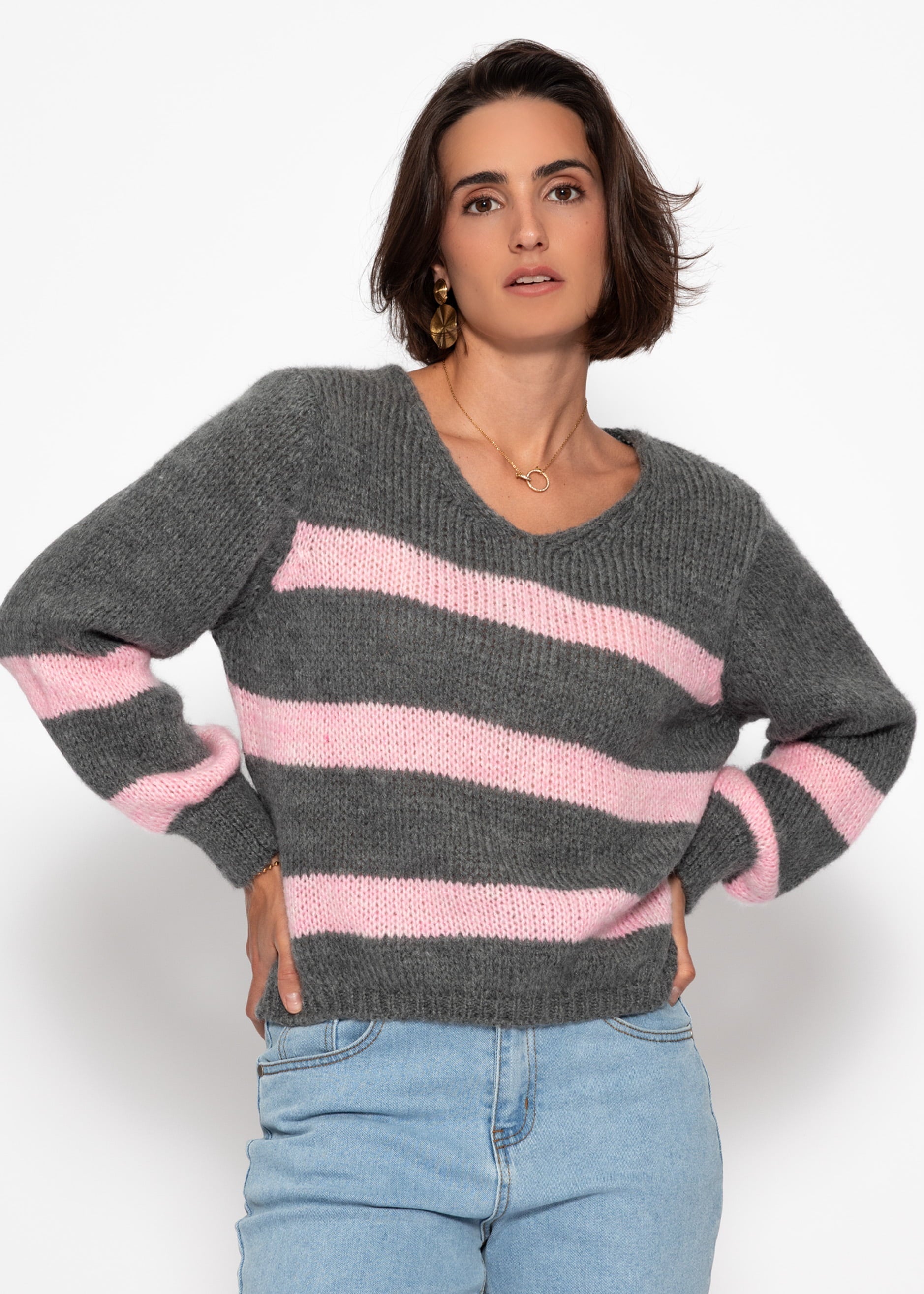 Pullover mit rosa Streifen - grau – Bekleidung > Pullover | FormaLuxe