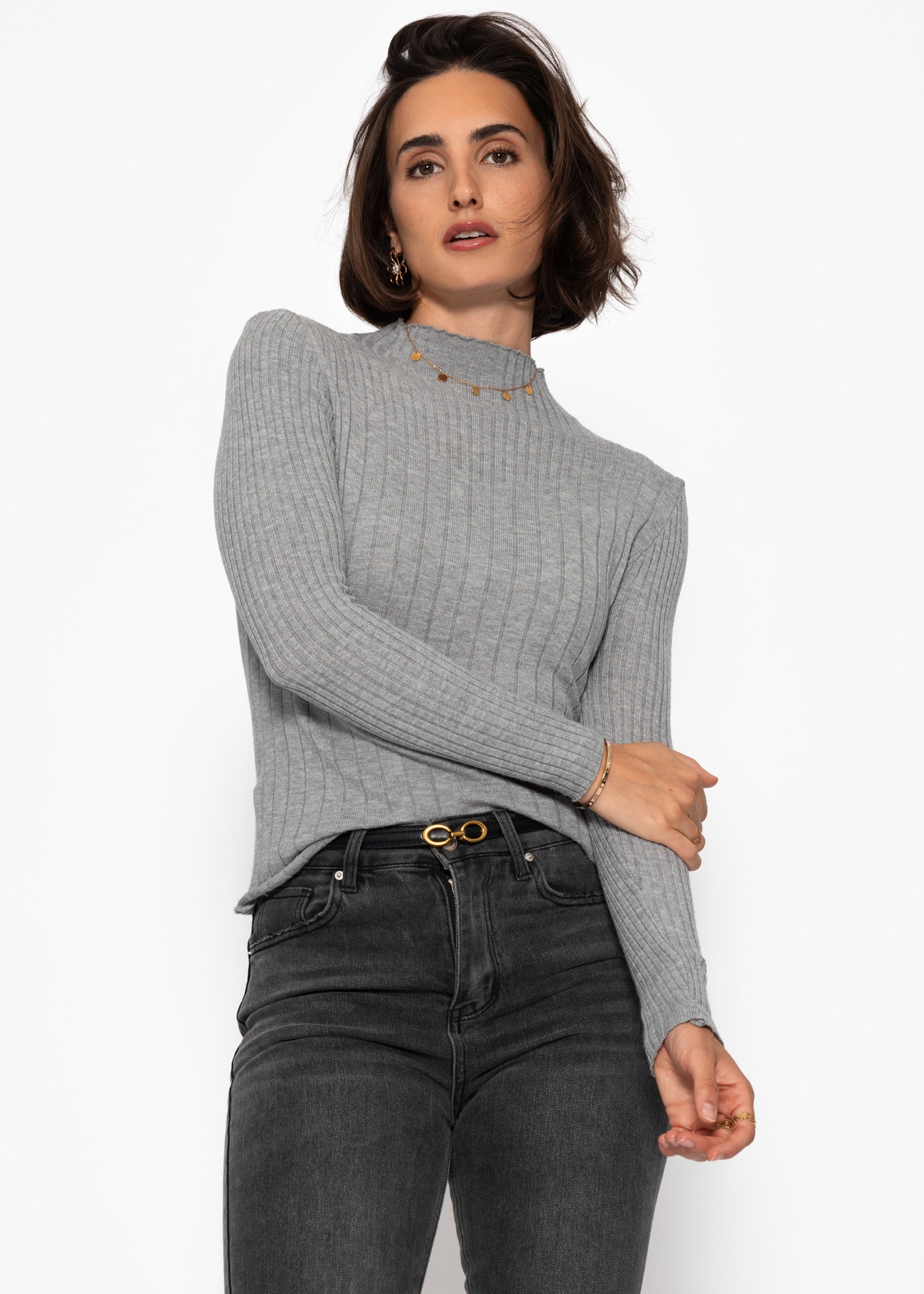 Rippstrickoberteil mit Stehkragen - grau – Bekleidung > Pullover | FormaLuxe