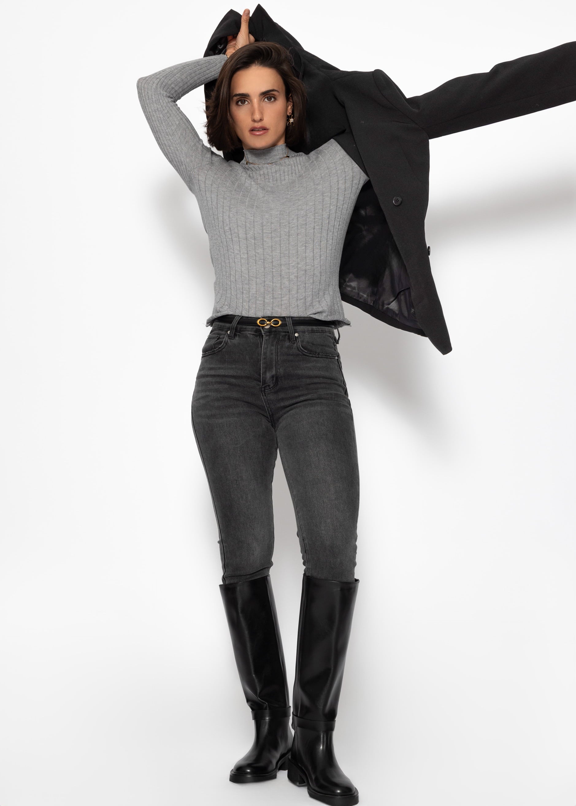 Rippstrickoberteil mit Stehkragen - grau – Bekleidung > Pullover | FormaLuxe