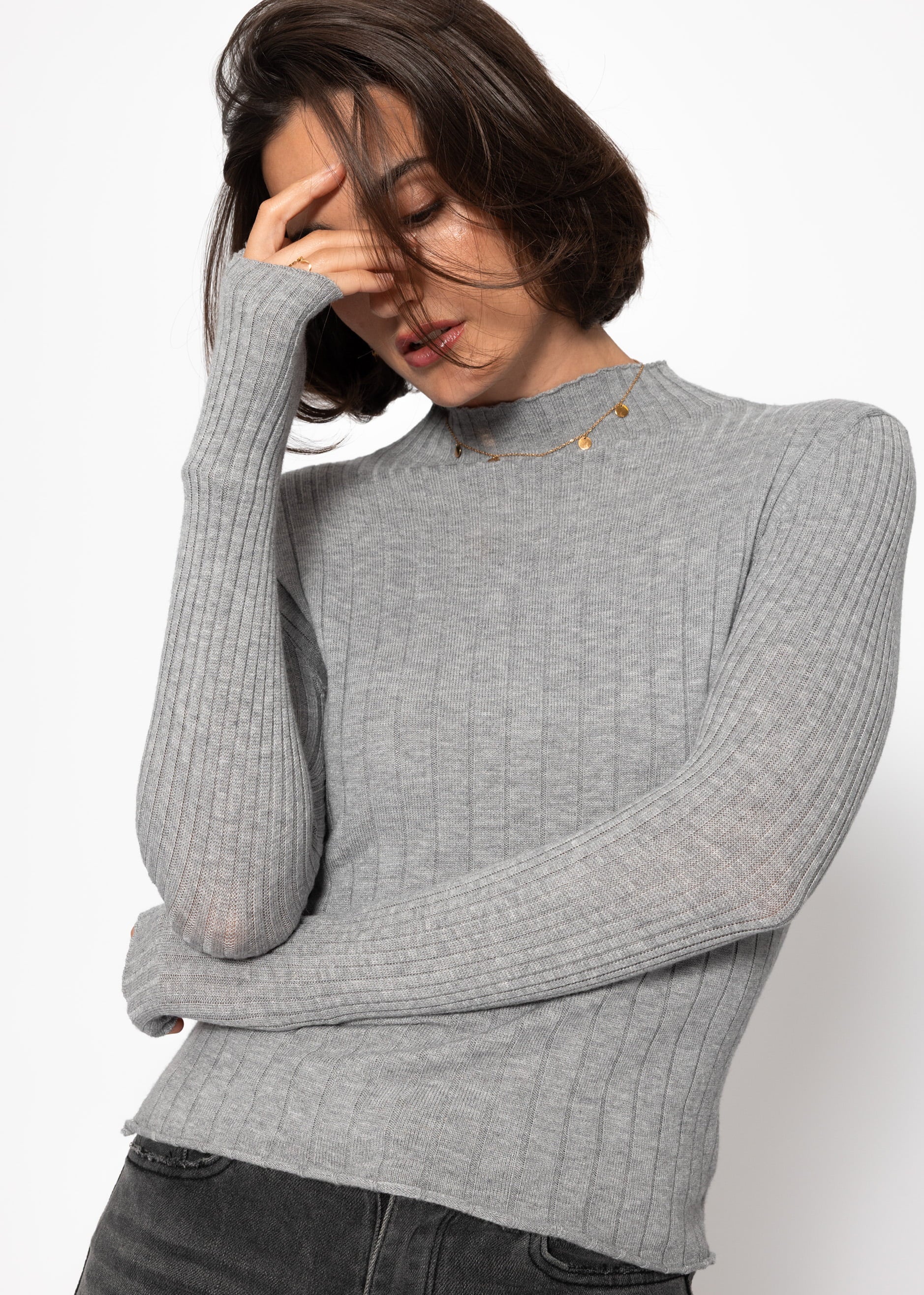 Rippstrickoberteil mit Stehkragen - grau – Bekleidung > Pullover | FormaLuxe