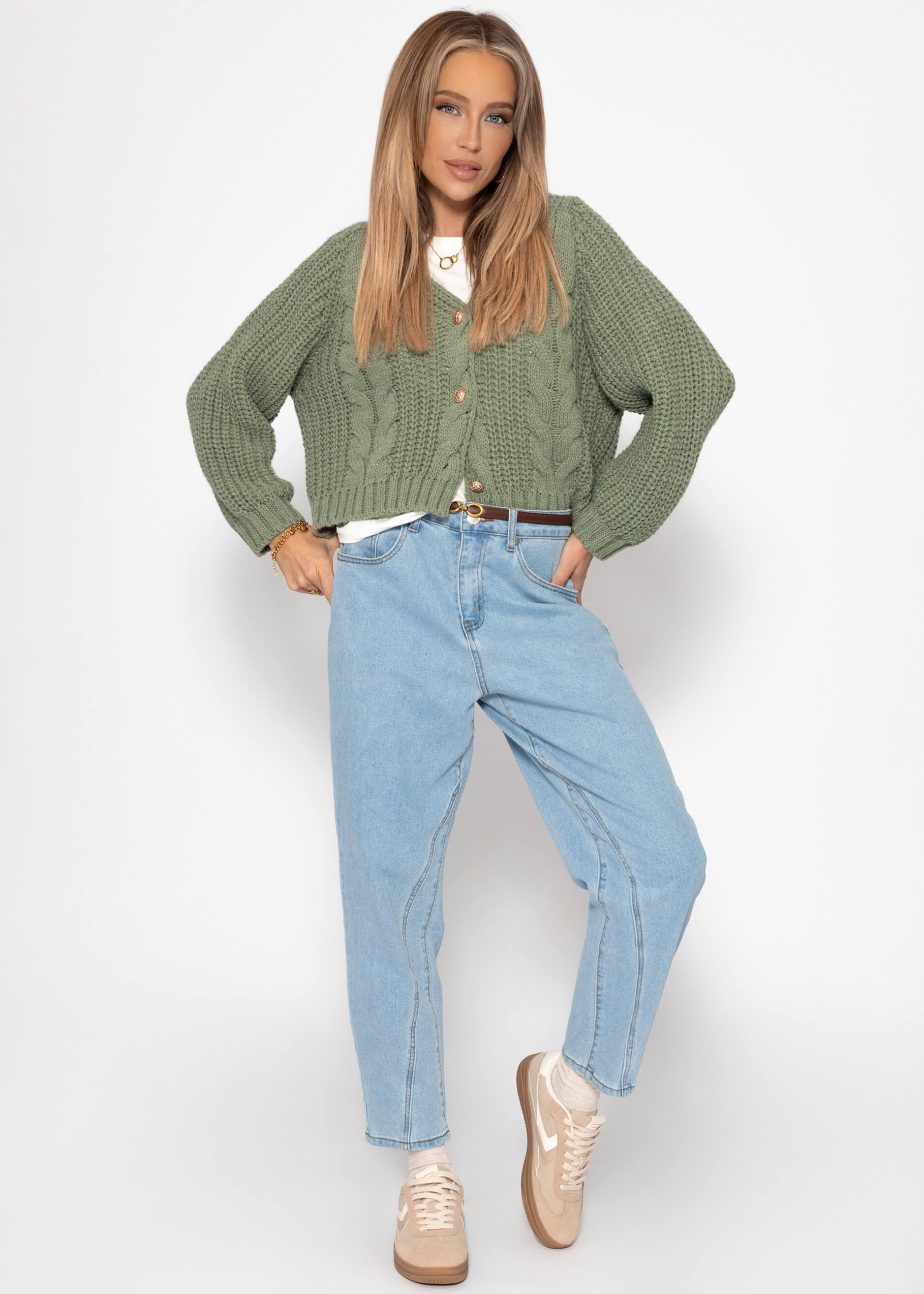 Zopfstrick-Cardigan mit Knopfleiste - salbeigrün – Bekleidung > Cardigans | FormaLuxe