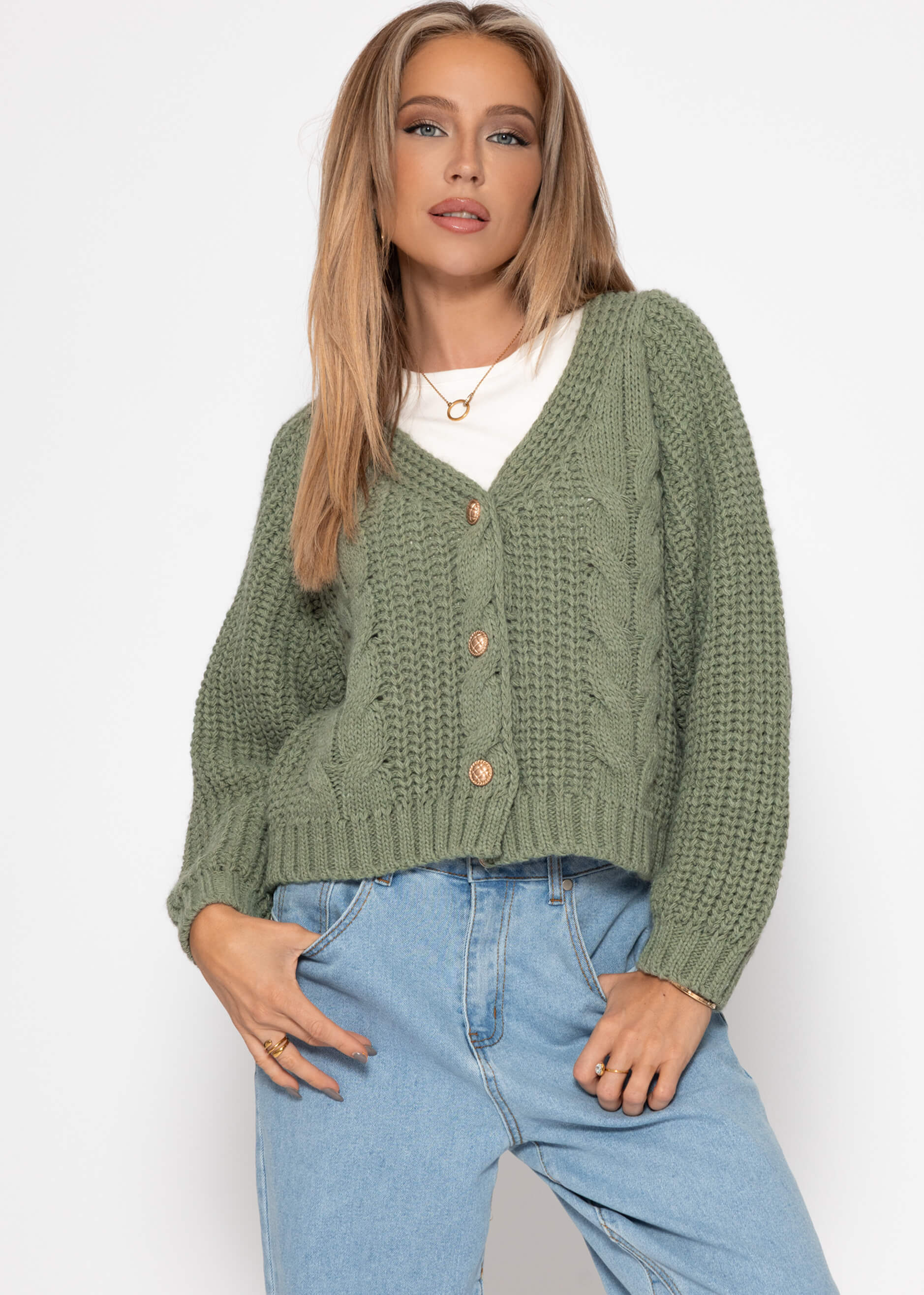 Zopfstrick-Cardigan mit Knopfleiste - salbeigrün – Bekleidung > Cardigans | FormaLuxe