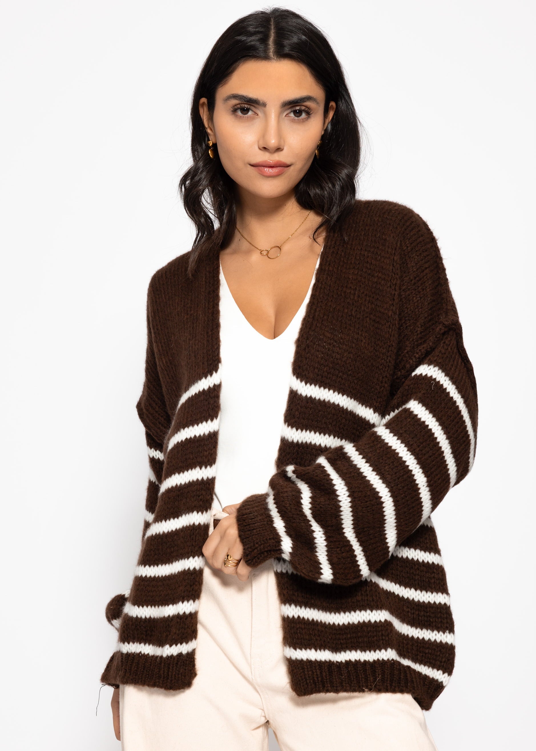 Gestreifter Cardigan mit Außennähten - dunkelbraun – Bekleidung > Cardigans | FormaLuxe
