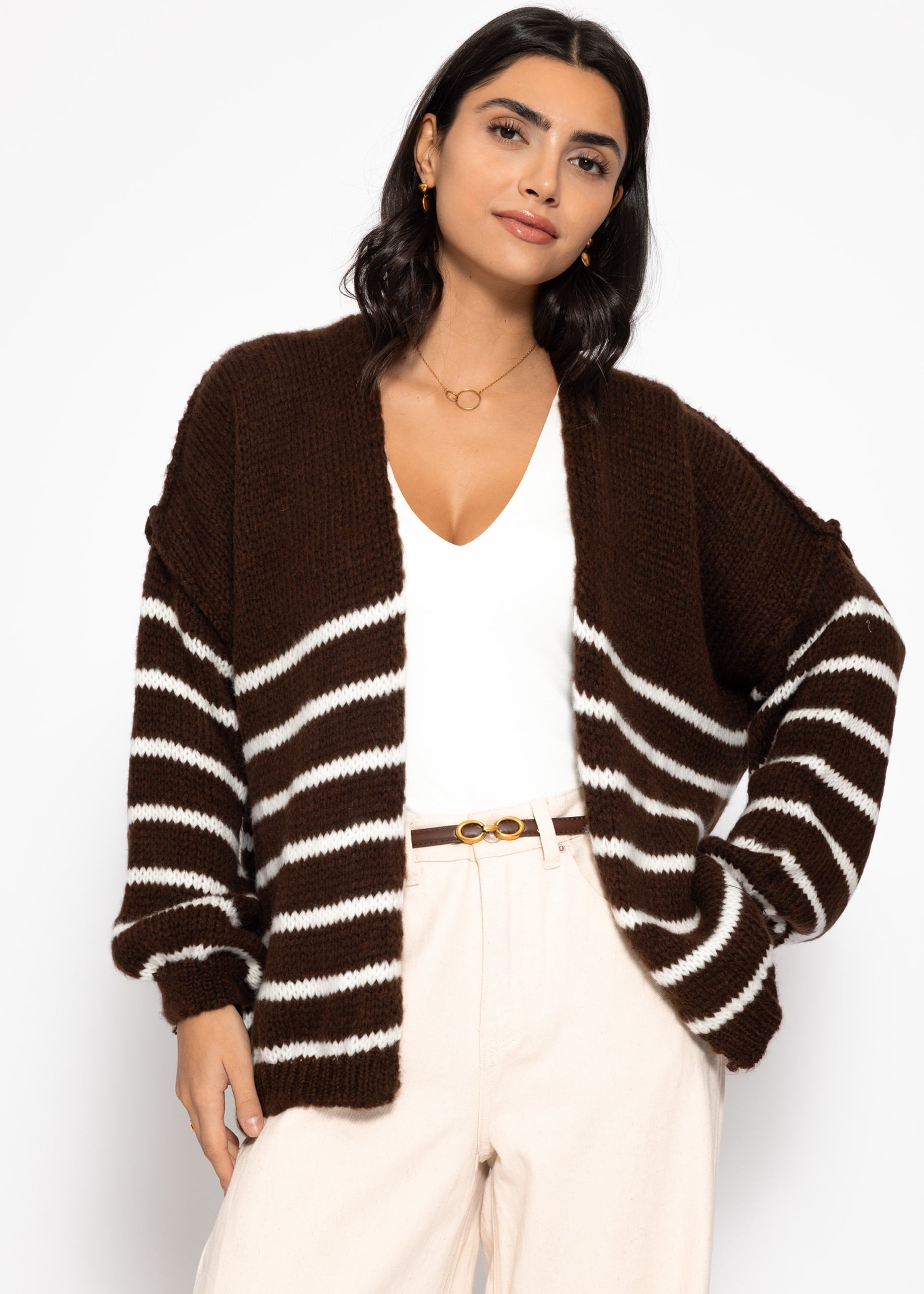 Gestreifter Cardigan mit Außennähten - dunkelbraun – Bekleidung > Cardigans | FormaLuxe