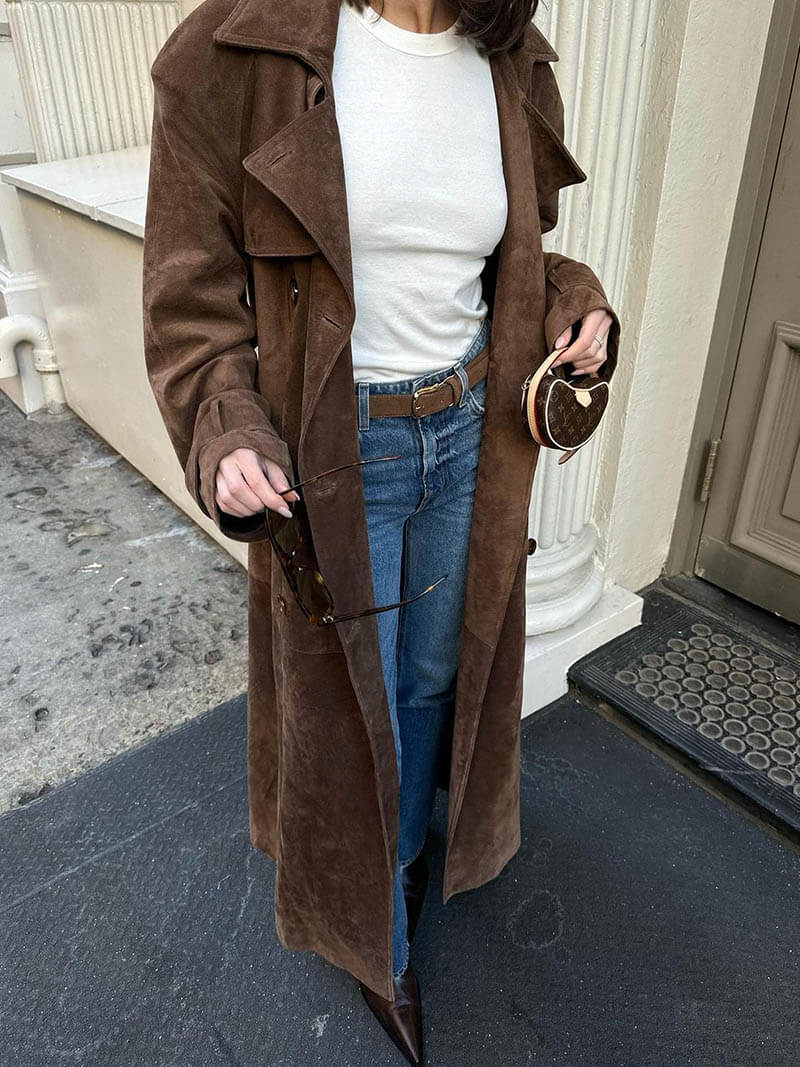 Molly | Long trench-coat en daim ceinturé Brun | FormaLuxe