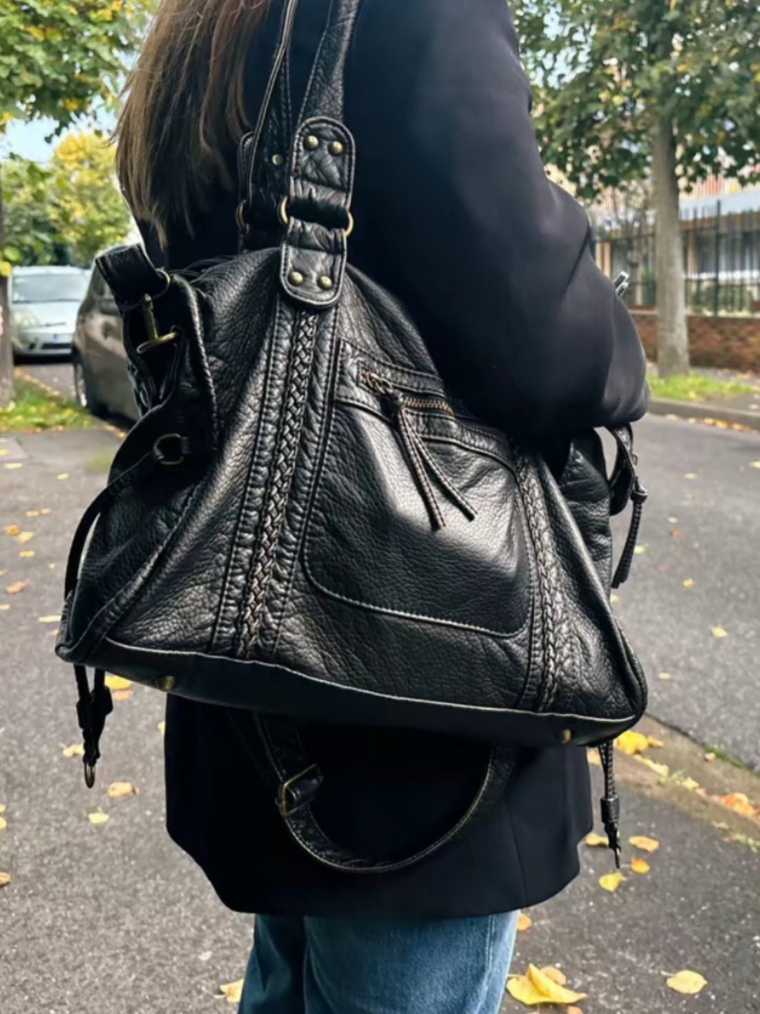 Arabell | Vintage Faux Leather Structured Tote Bag Black – Arabell | Vintage Leather Structured Tote Bag | FormaLuxe