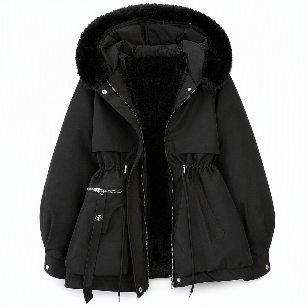 Damen Winterjacke Parka in Schwarz mit Kapuze und Felloptik-Kragen | FormaLuxe