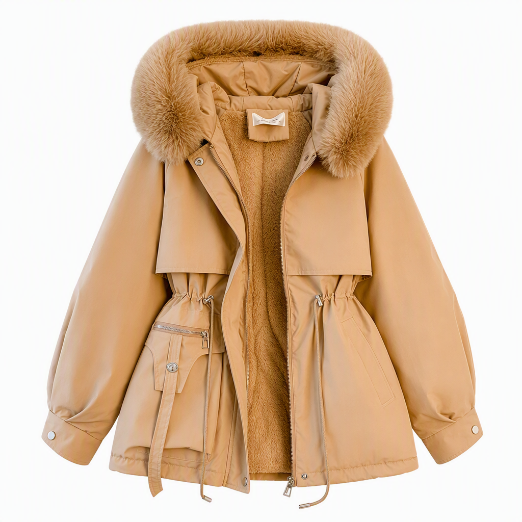 Damen Winterjacke Parka in Khaki mit Kapuze und Felloptik-Kragen | FormaLuxe