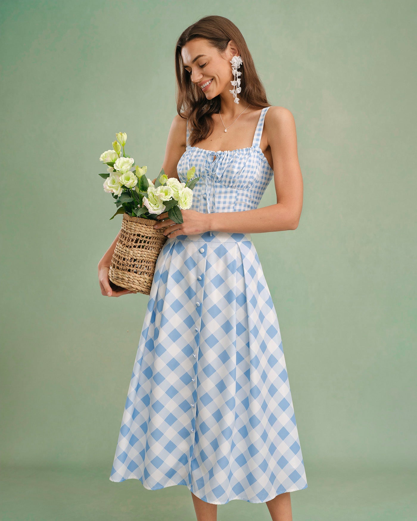Maeva – Corsagen-Top mit hellblauem Vichy-Karo und Bindeband